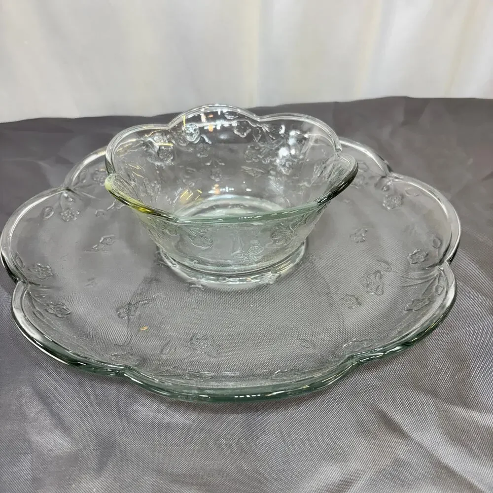 Floral Patterned Chip and Dip Set by Anchor Hocking Savannah Clear Glass 2 pcs